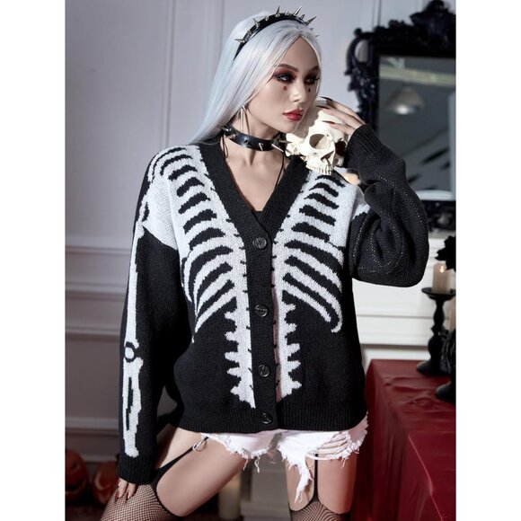 Women's Star Print Cardigan Sweater V Neck Drop Shoulder Long Sleeve - Picture 6 of 7